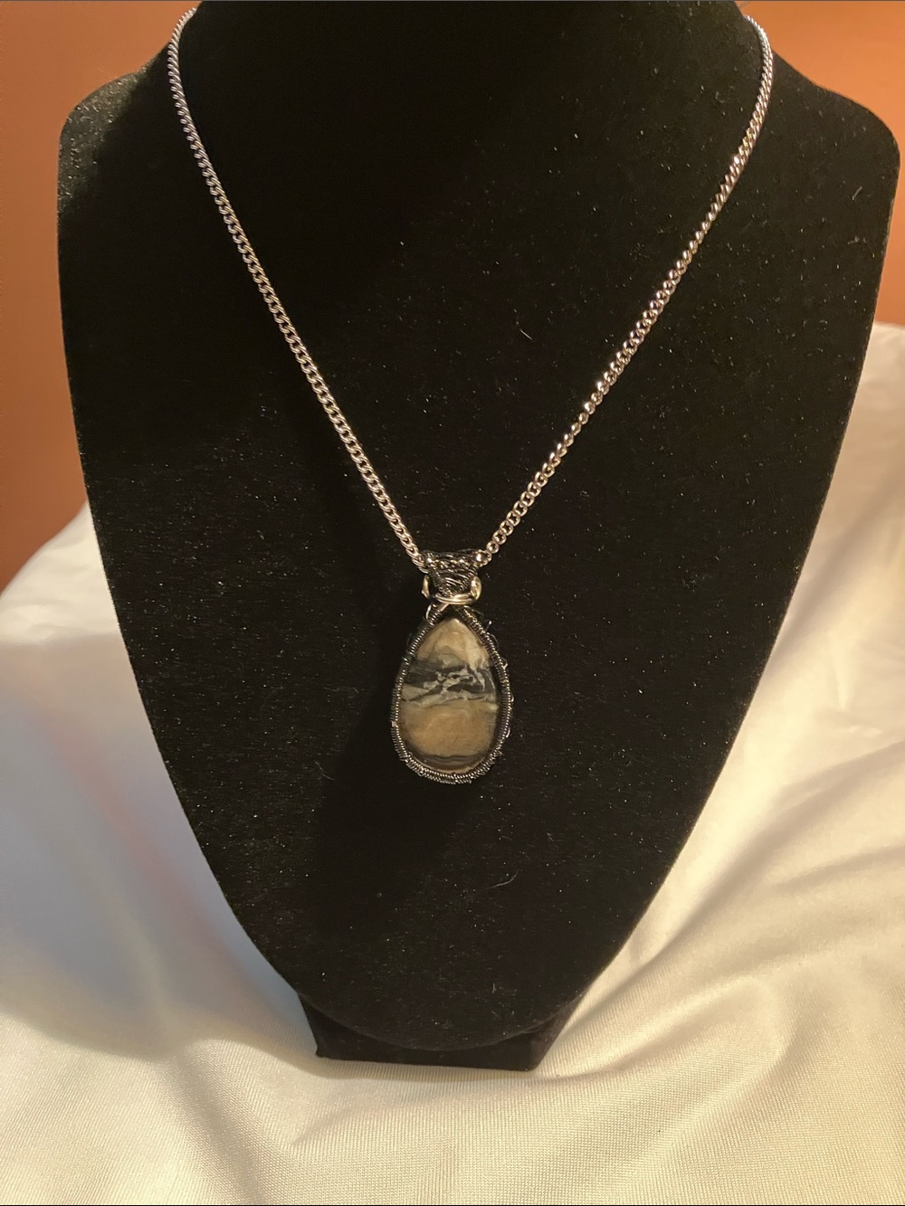 Hand Crafted Banded Stone Teardrop Necklace - black and brown